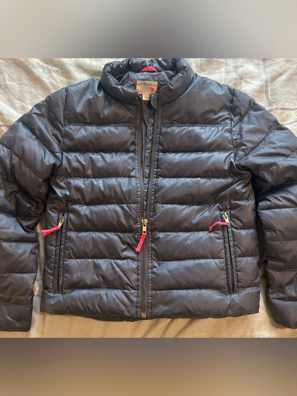 Crewcuts EUC Girl’s Gray Blue Down Puffer Jacket with Pink Zipper Pulls 10